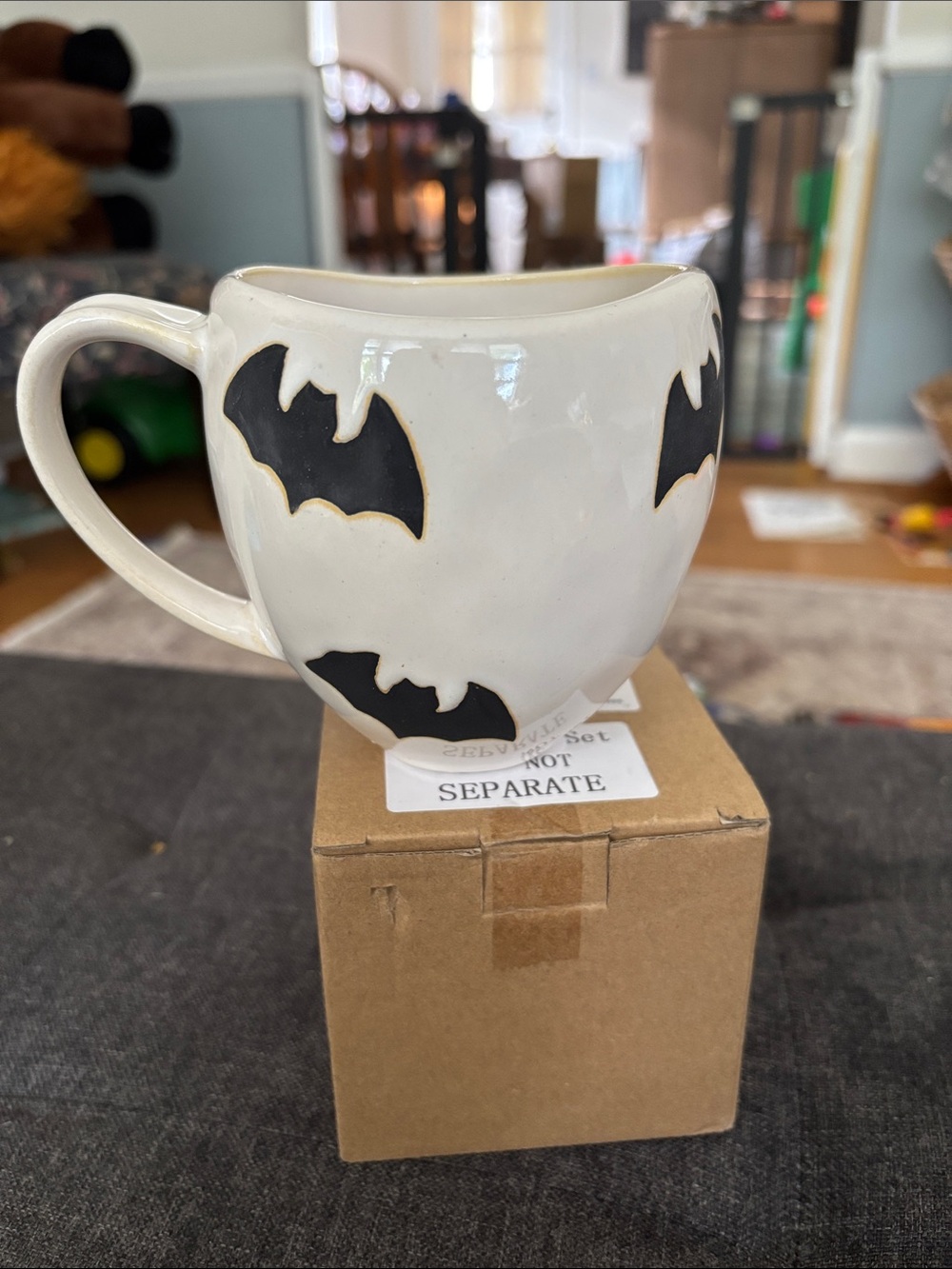 Anthropologie White Ceramic Bat Accent Mug with Black Bat Motif New in Box
